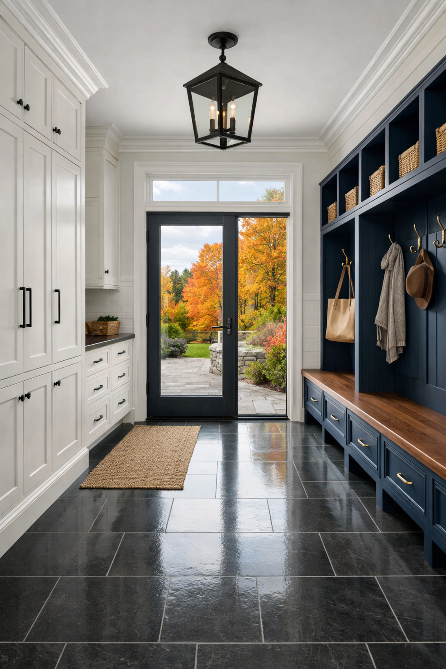 A clean Massachusetts mudroom entryway protected from seasonal salt and mud residue.