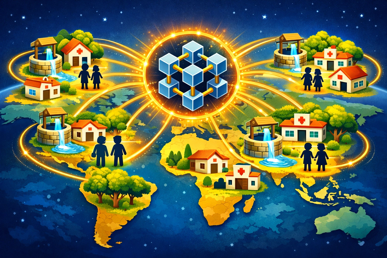 Global map showing Larecoin charitable impact: water wells, schools, medical clinics across countries