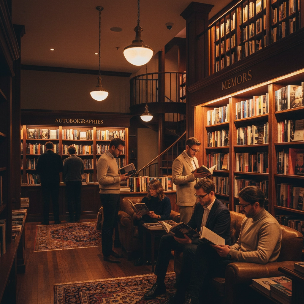 Warmly lit library interior with wooden bookshelves labeled ‘Autobiographies’ on the left and ‘Memoirs’ on the right. Several people browse and read books, some seated on leather chairs and others standing by the shelves. The cozy atmosphere highlights the distinction between autobiographies and memoirs.
