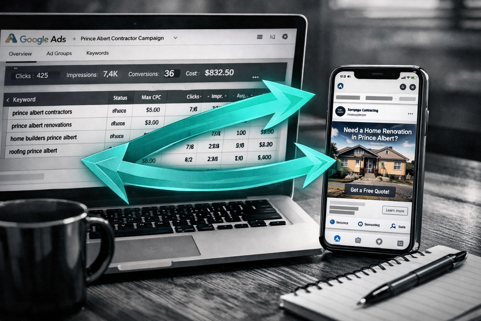 Google Ads and Facebook retargeting dashboard for contractor marketing campaign
