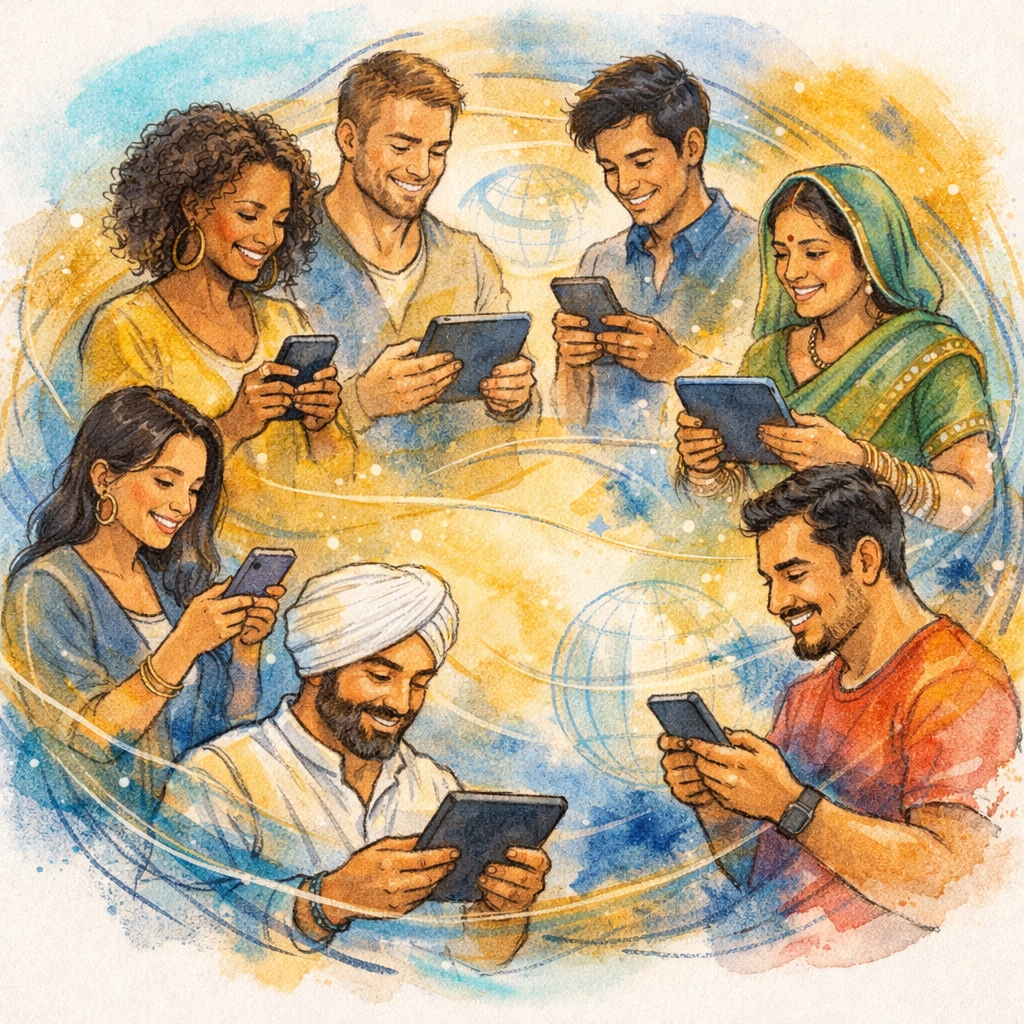 Diverse church community connected through devices sharing worship and encouragement online
