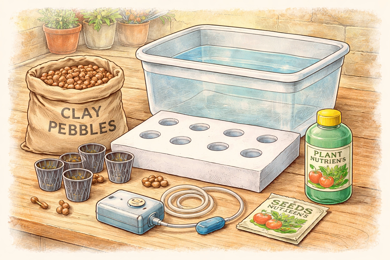 Hydroponic supplies for a DIY floating raft garden project, including a plastic bin, foam board, net cups, nutrient solution, and seeds.