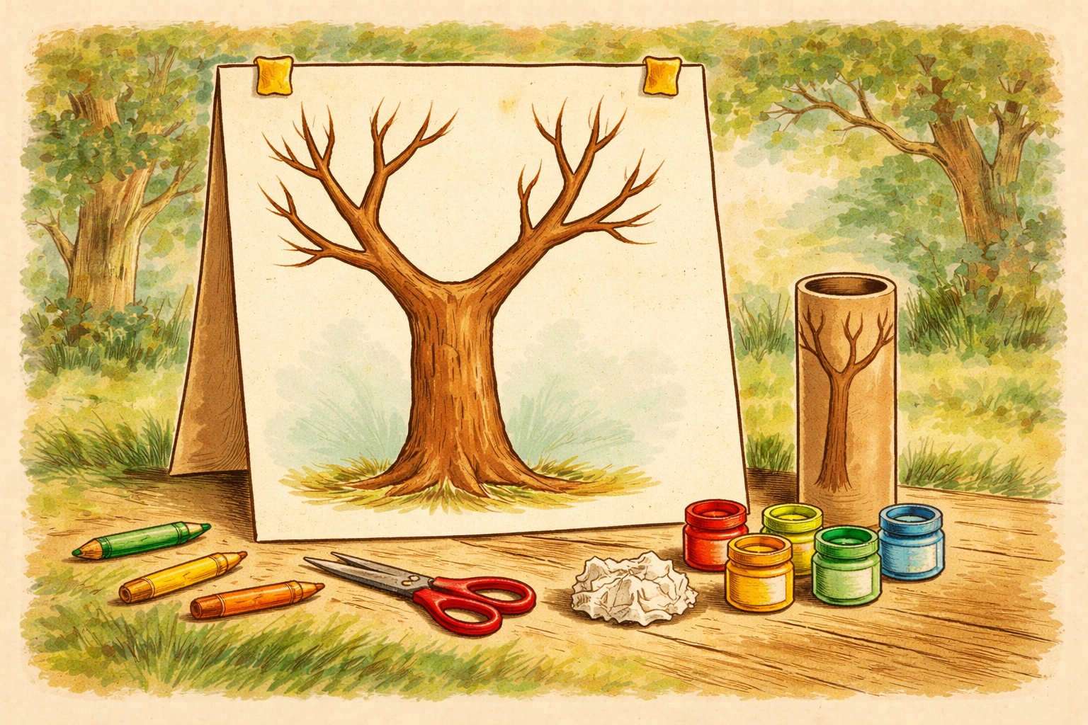 A child's-eye view of a drawn paper tree trunk and branches, ready for colorful handprints in a family tree craft