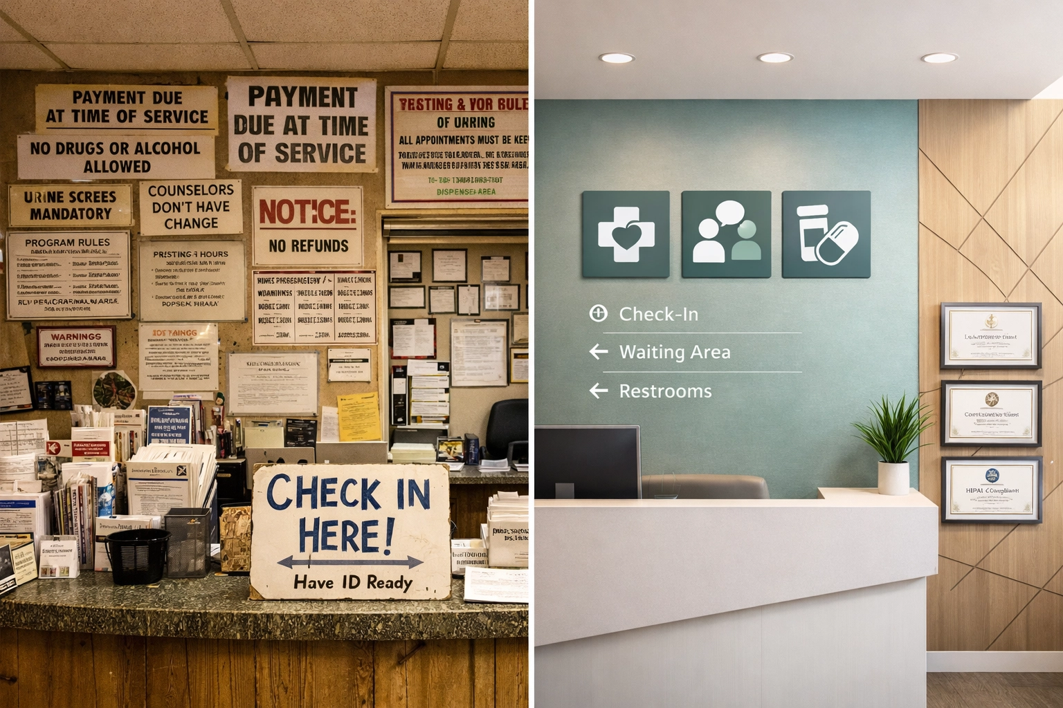 Comparison of cluttered versus clean treatment center reception showing effective visual compliance