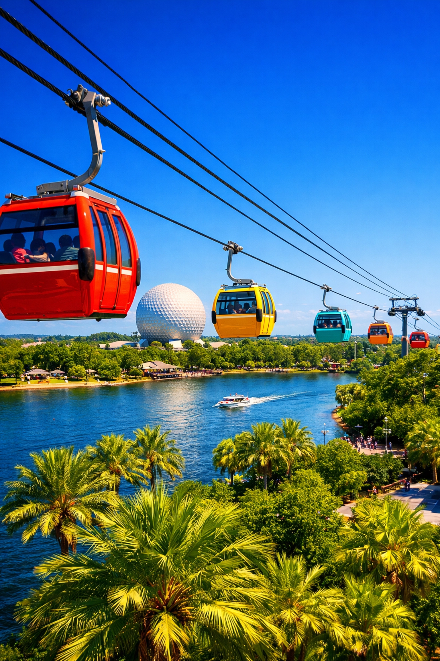 Disney Skyliner gondolas flying over a lake, showing easy transportation for park-hopping guests.