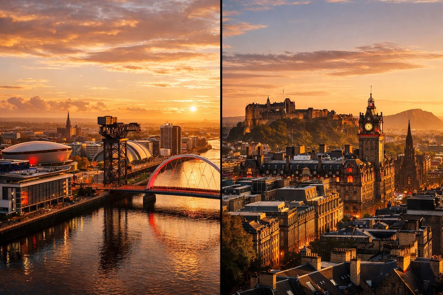 Aerial view comparing Glasgow and Edinburgh skylines for property buyers