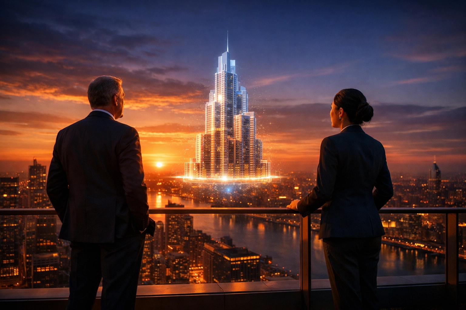 Executives overlooking a skyline, symbolizing shared vision and executive ownership incentives.