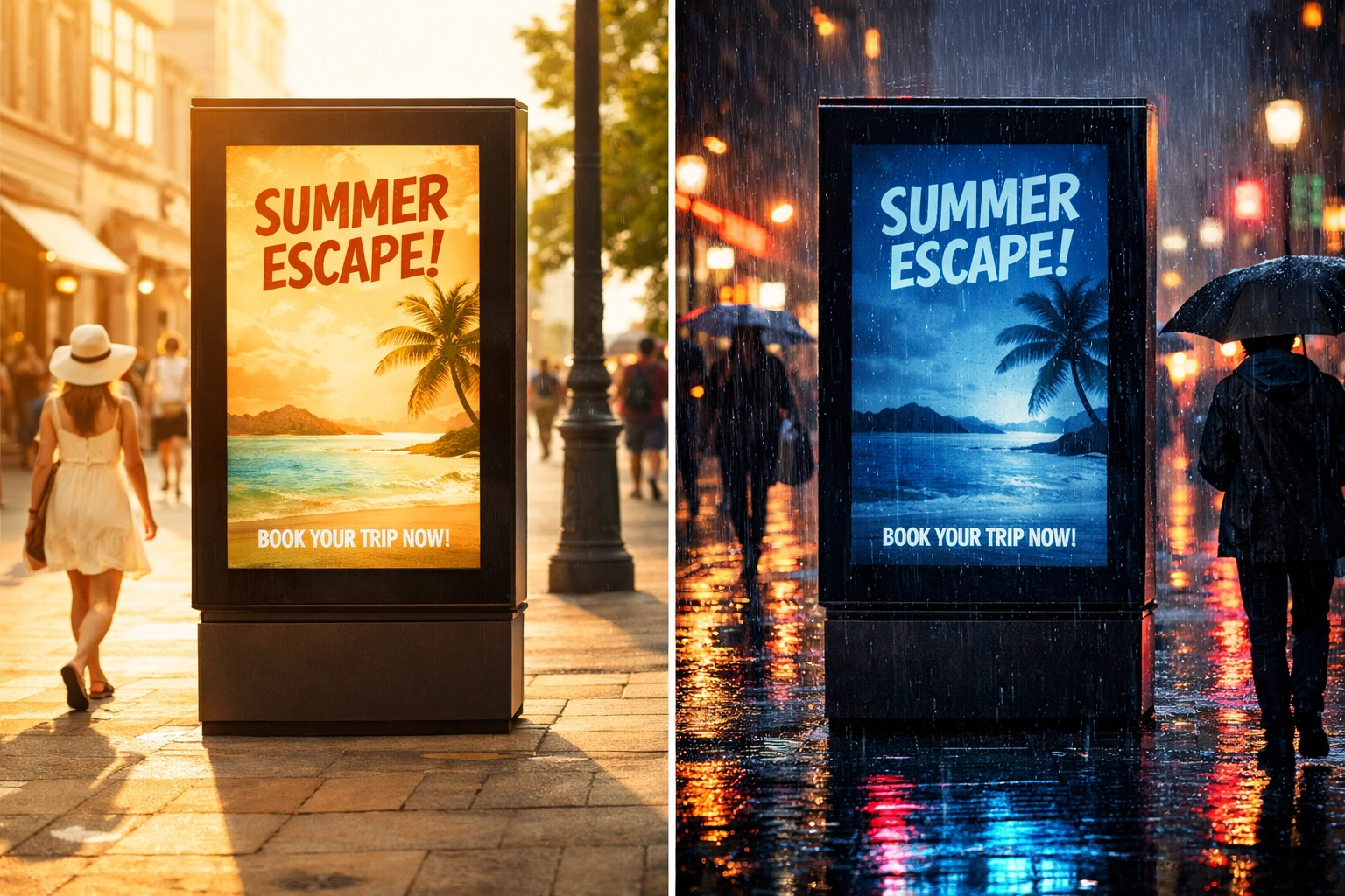 Dynamic DOOH screen content adapting to weather conditions to drive consumer engagement.