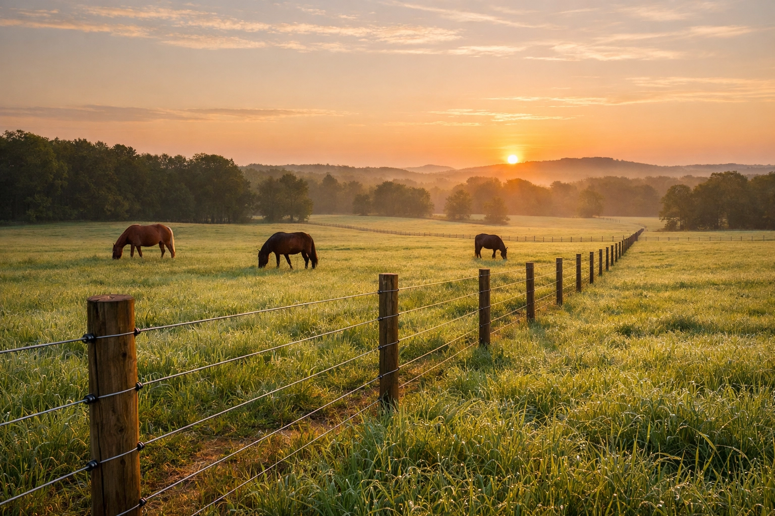 Well-maintained horse pasture with fencing and horses grazing in North Carolina Piedmont