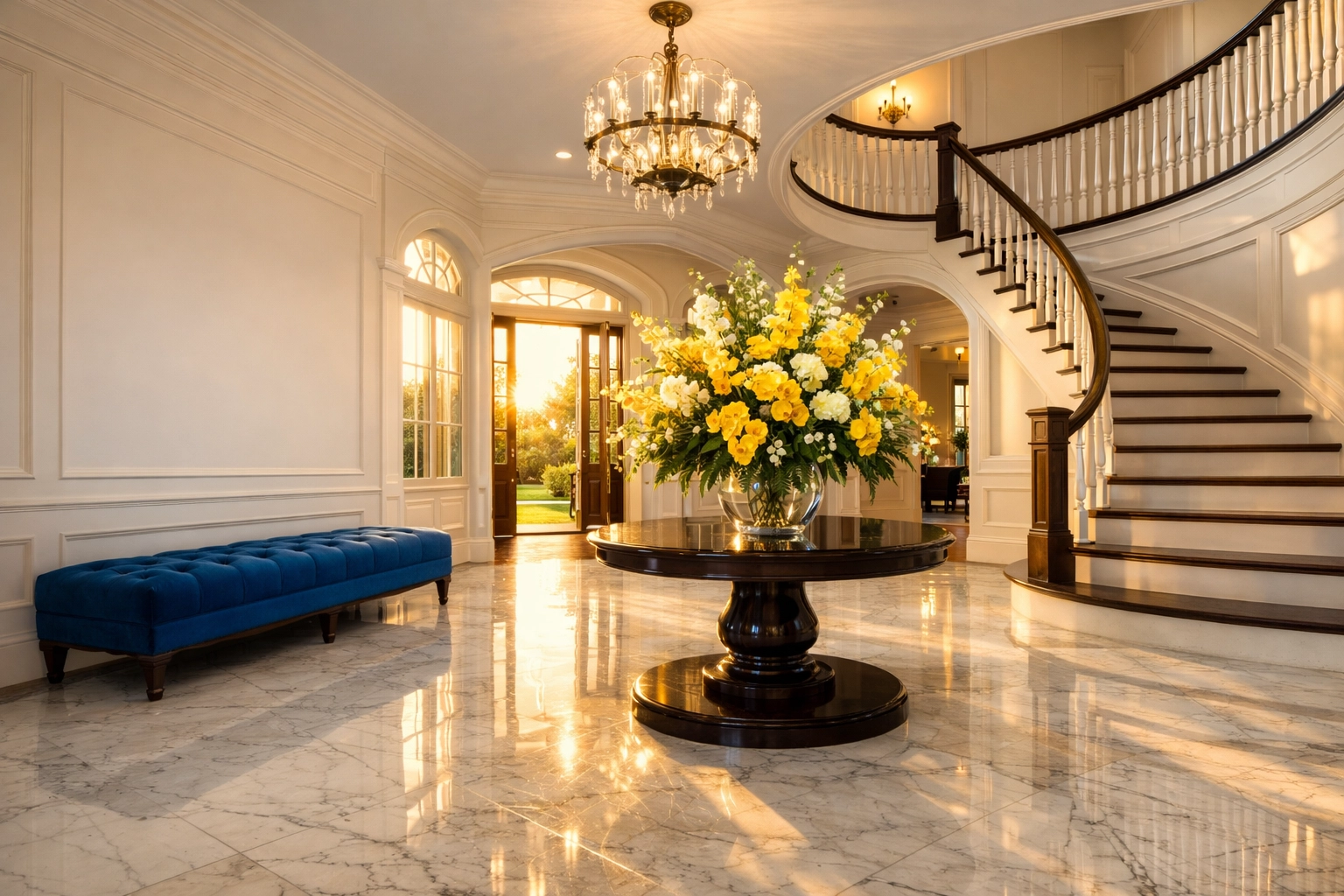 A sparkling clean luxury foyer in Massachusetts representing the best cleaning services near me.