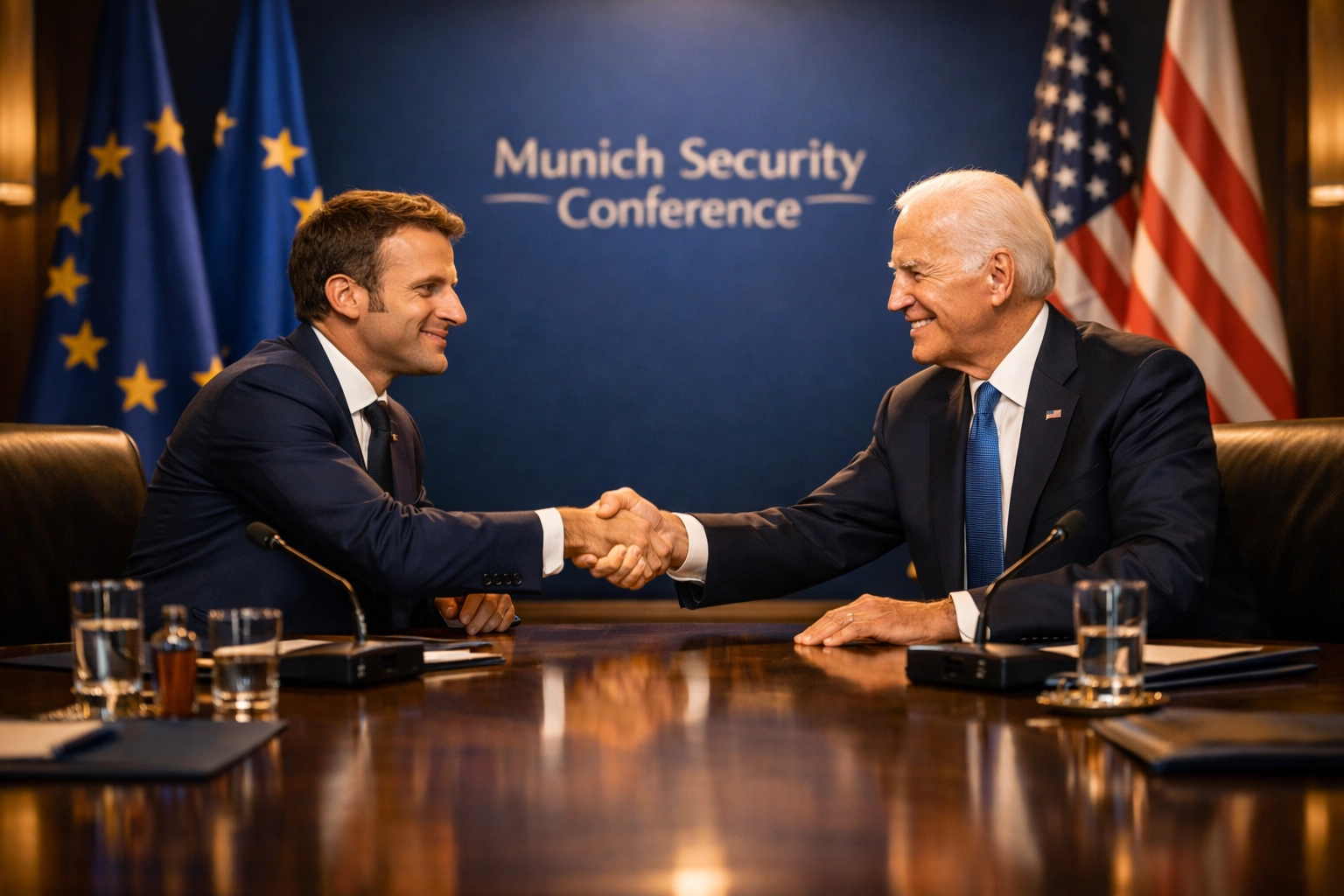 World leaders shaking hands at diplomatic conference representing U.S.-Europe partnership