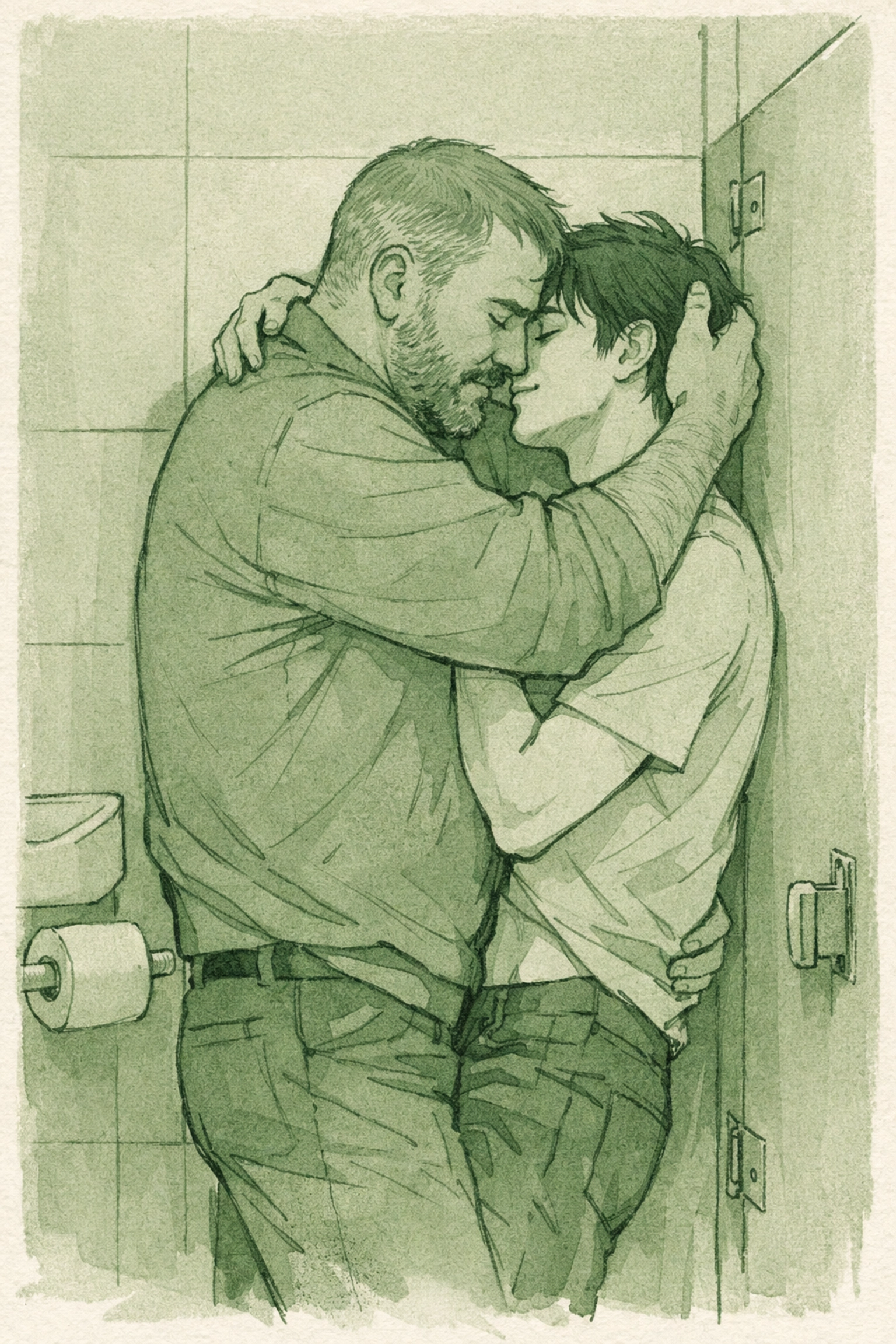 Two men embrace in dive bar bathroom stall - raw authentic gay love story