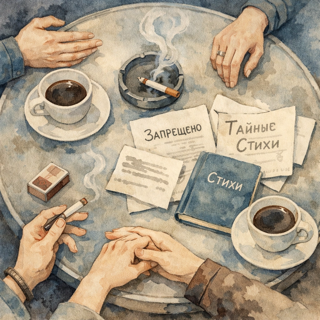 Saigon Café table in 1970s Leningrad with samizdat and secret gay community gathering