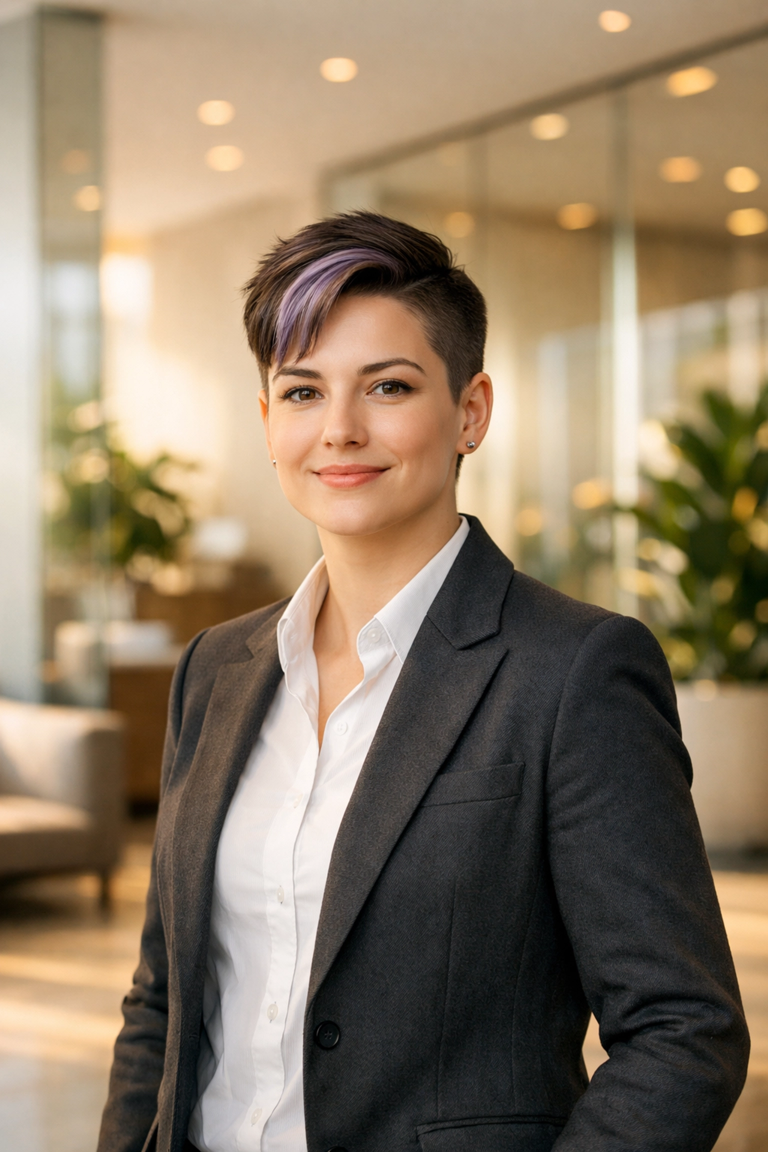 A confident non-binary professional in a modern office, representing workplace rights and inclusion.