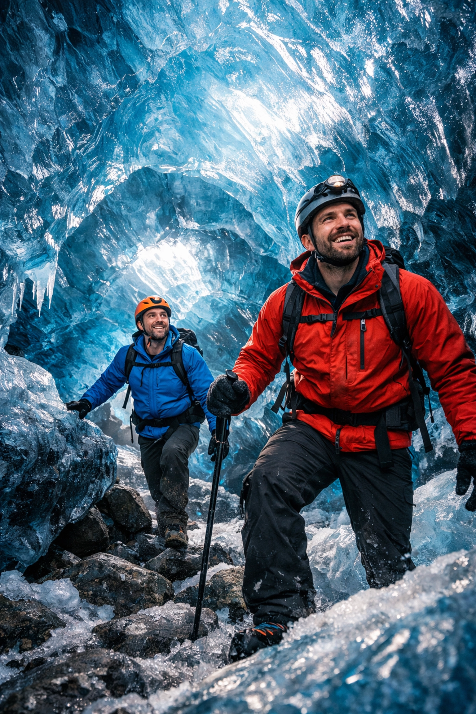 Gay adventurers exploring blue glacier ice cave in Iceland