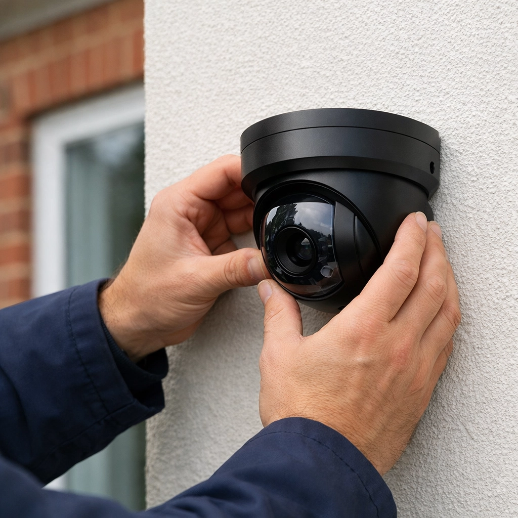 Professional technician installing a sleek black dome CCTV camera on a brick home exterior in Hook.