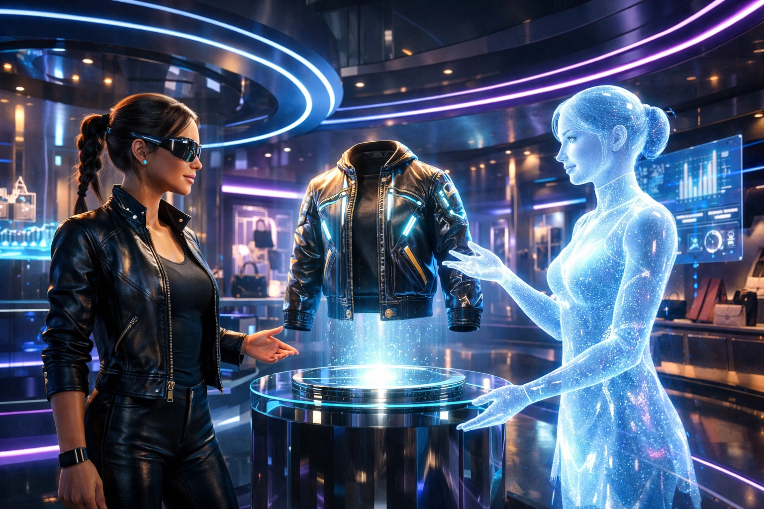 AI shopping assistant helping an avatar in a futuristic metaverse boutique for Web3 fashion.