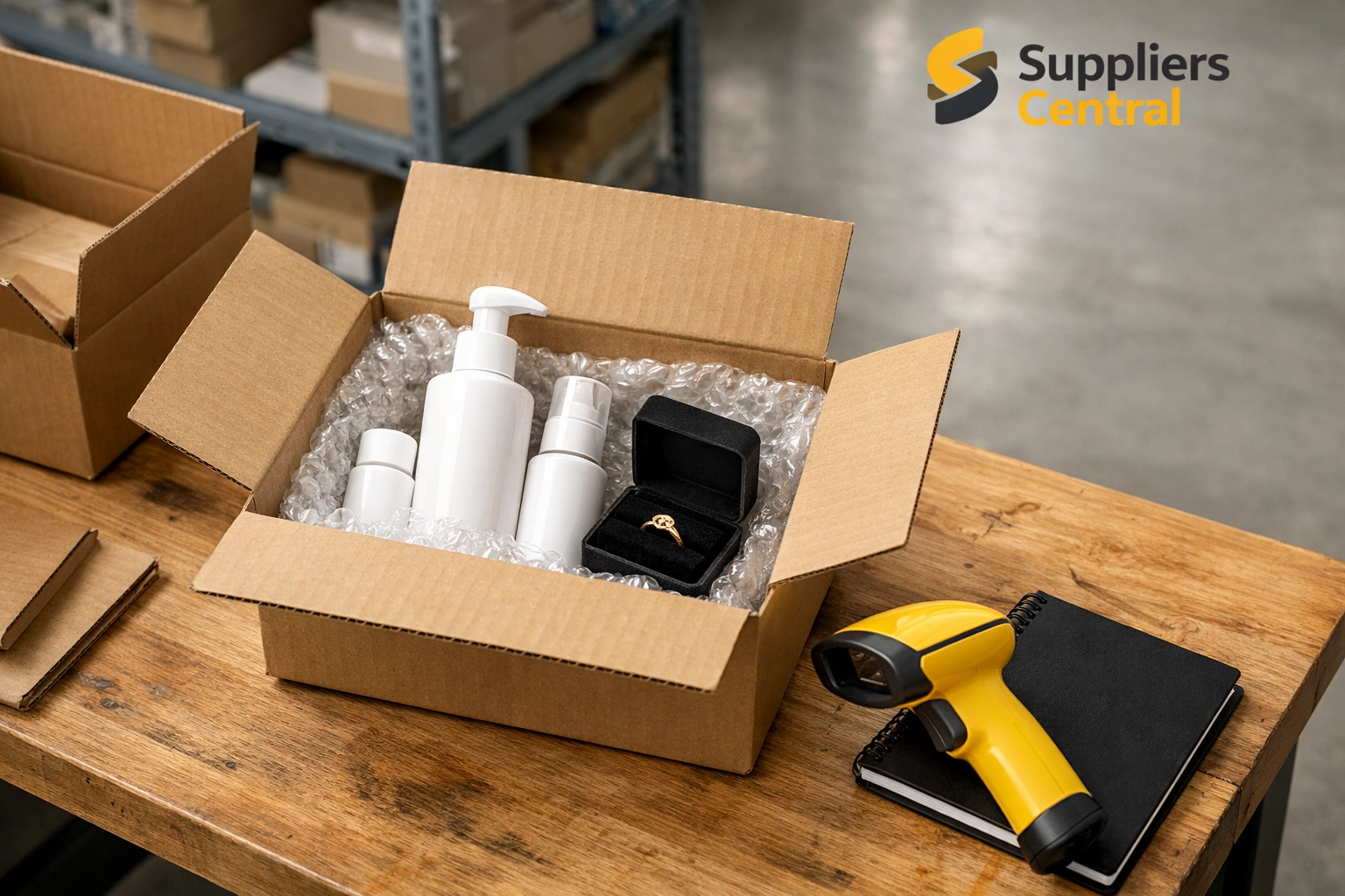 Warehouse packing station with wholesale beauty and jewelry products for Amazon FBA sellers.