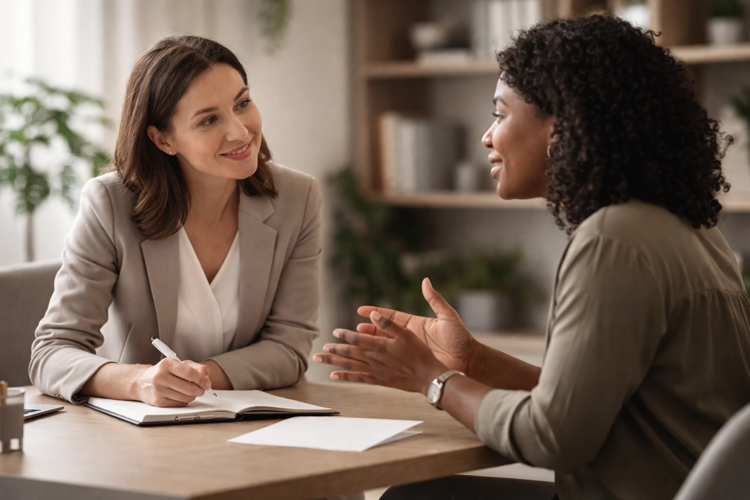 Financial advisor and client having a focused conversation in a modern office, showing strong advisor-client relationships.