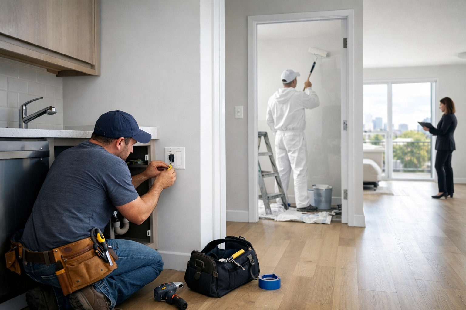 Maintenance worker and painter working simultaneously in empty apartment during turnover