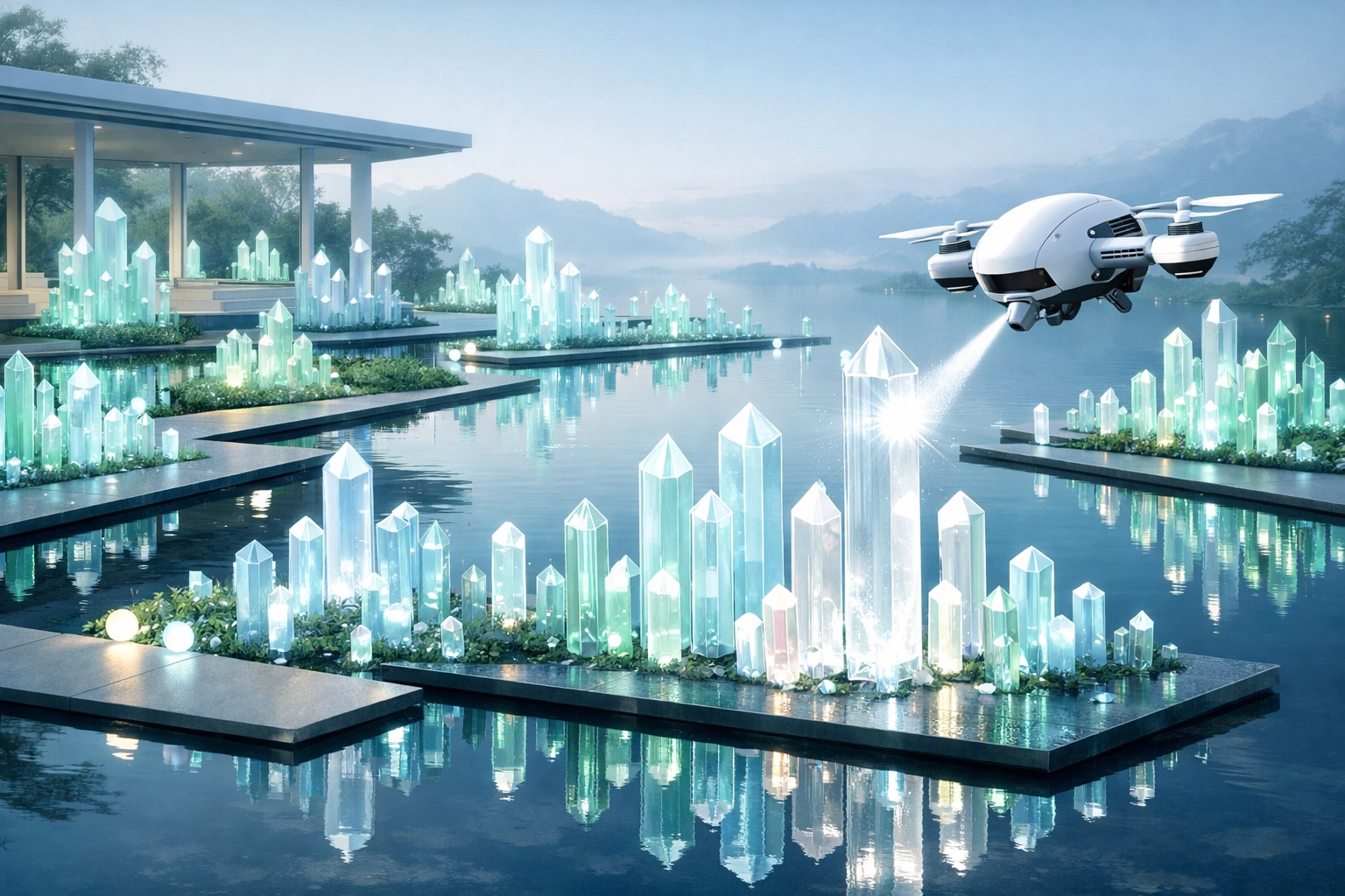 Glowing crystals in a digital garden symbolizing clean first-party data for PPC optimization.