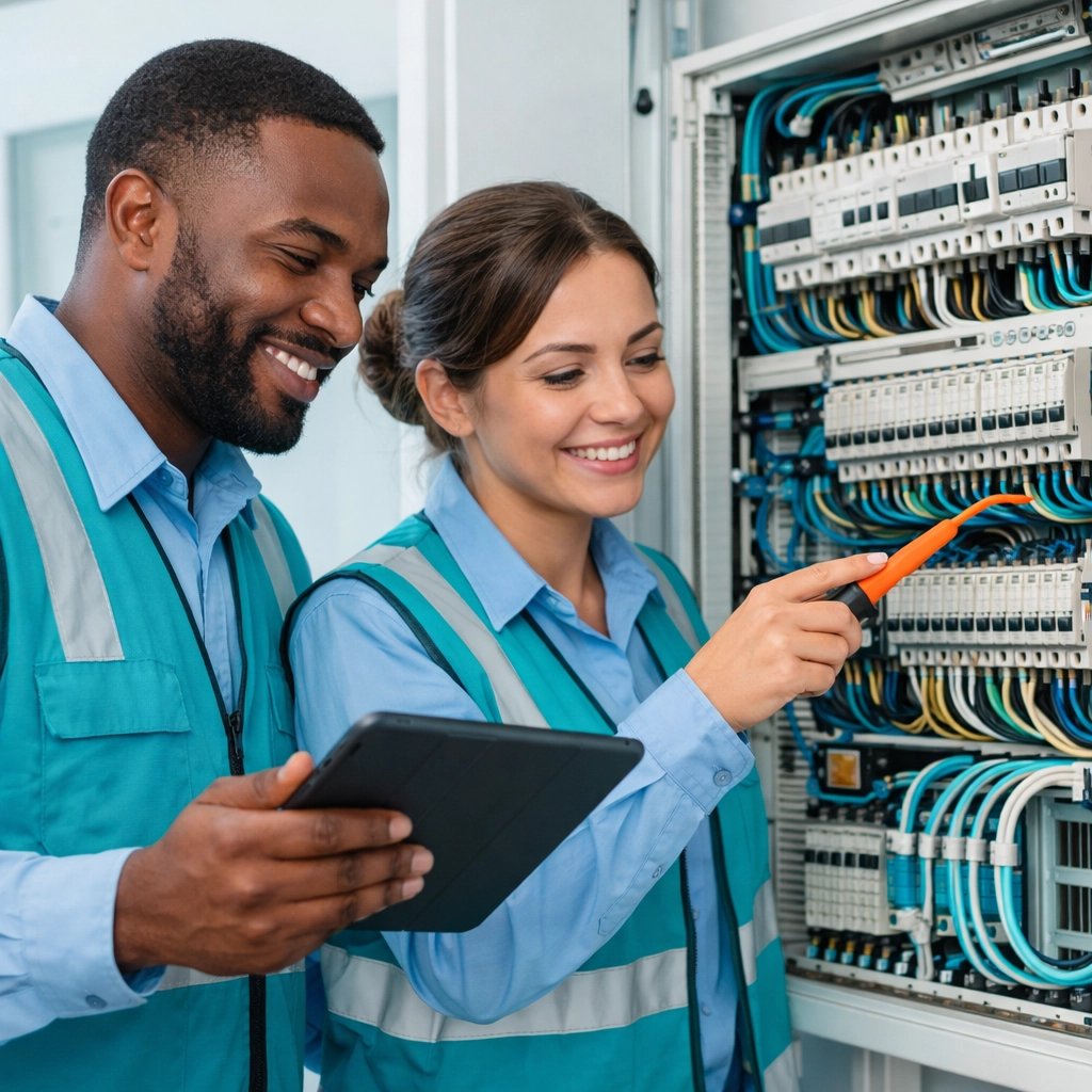 Verified Florida Trade Specialists technicians inspecting a professional electrical panel upgrade for code compliance.