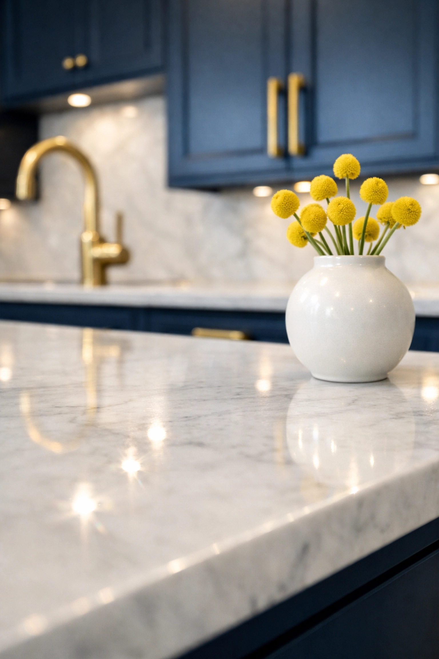 Sparkling marble kitchen island and navy cabinets highlighting expert residential cleaning services.