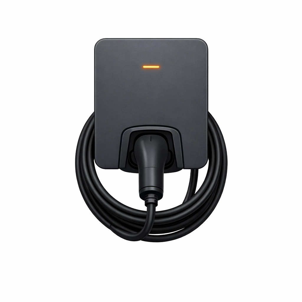 Wandmontierte Wallbox Ladestation mit Ladekabel nach der fachgerechten Elektroinstallation in Wien.