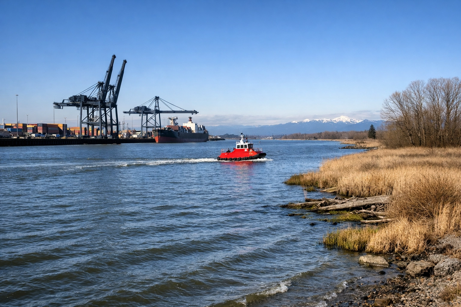 Industrial and natural riverbanks of the Fraser River in Richmond, B.C., where Aboriginal title was recognized.