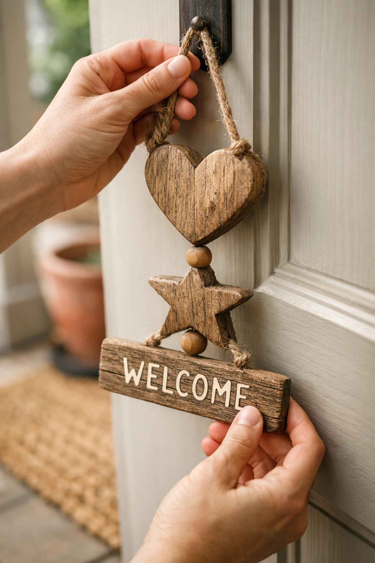 Close-up of person hanging a personalized wooden door hanger to decorate a new home's entryway.