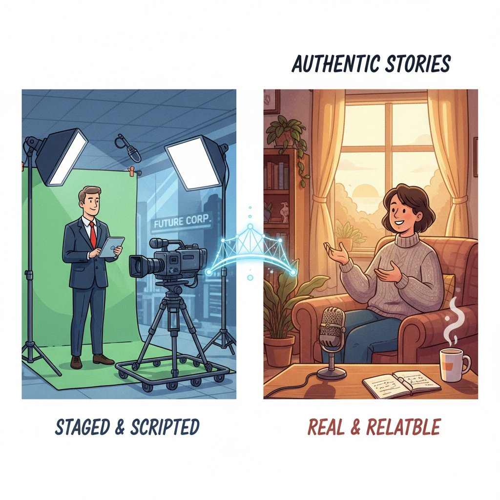 The image contrasts a corporate setting with a personable home environment, highlighting the difference between "Staged & Scripted" and "Real & Relatable" storytelling approaches.
