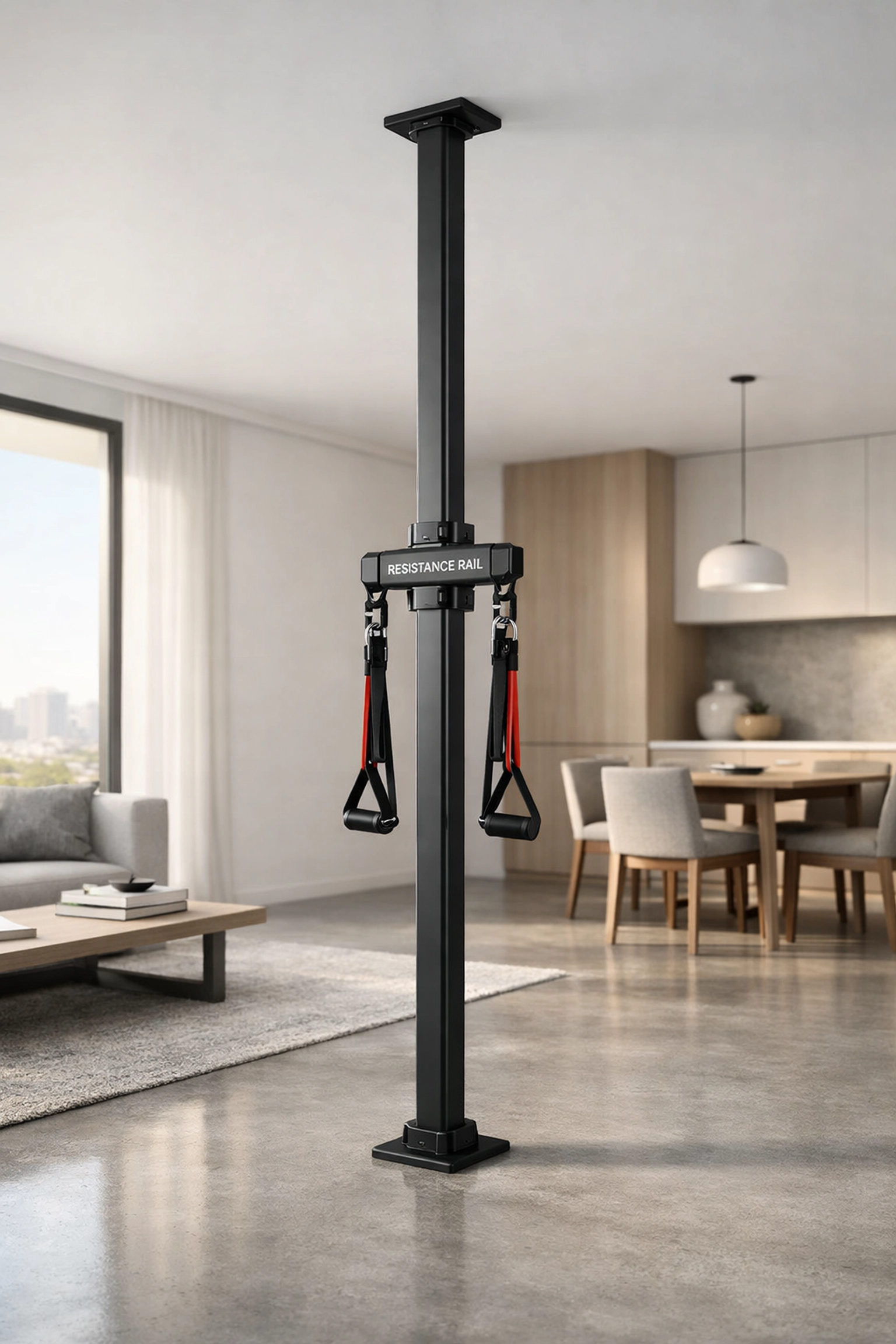 The Resistance Rail floor to ceiling gym system installed in a home with no wall damage.