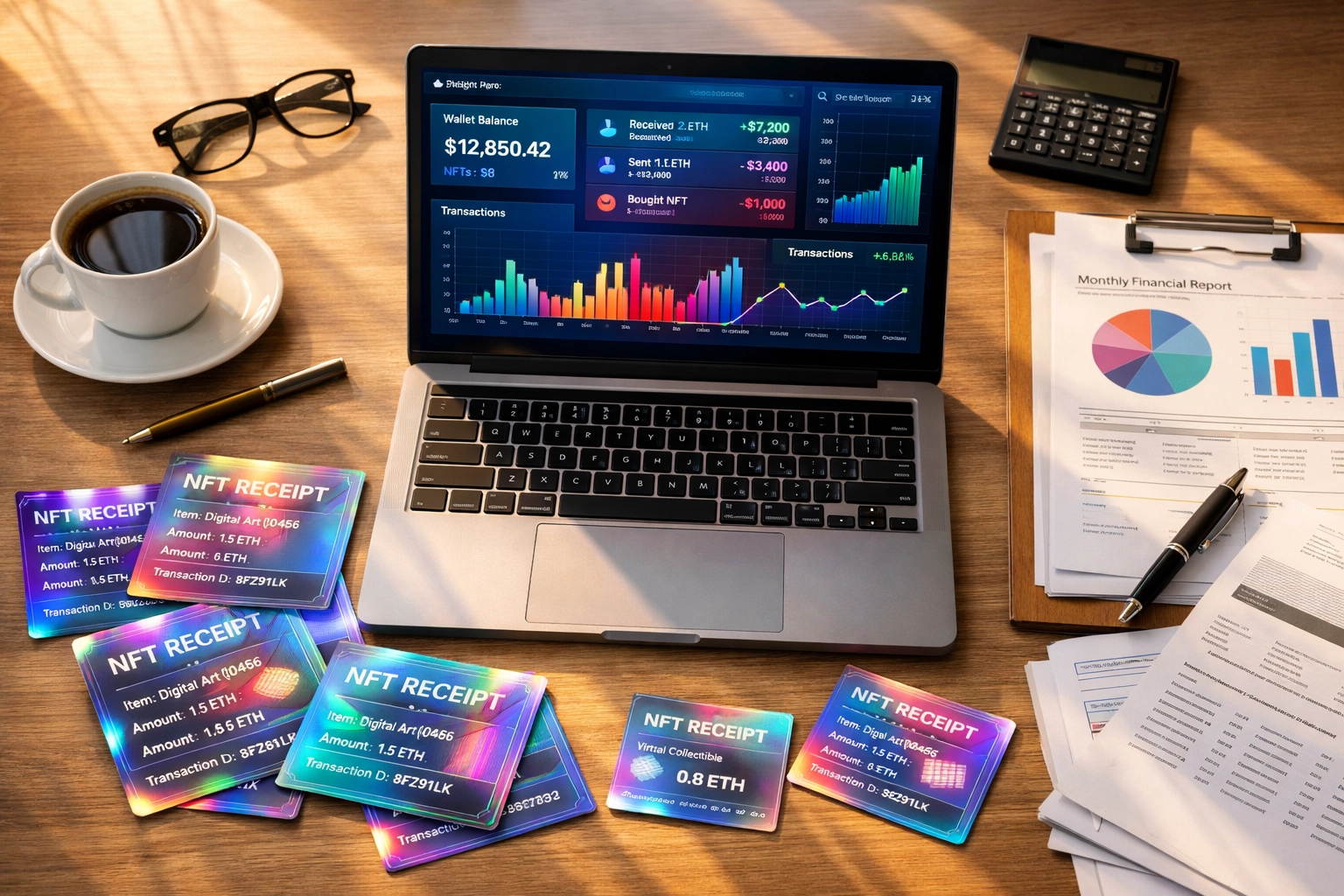 Merchant desk with laptop showing blockchain transaction data and organized NFT receipts