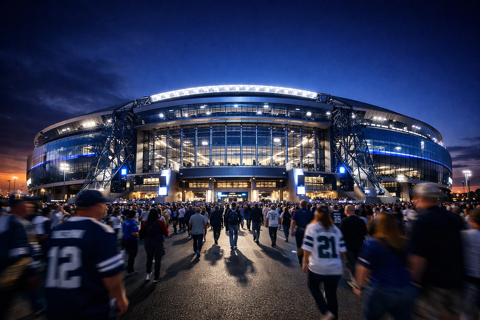 Twilight view of Super Bowl 2026 stadium entrance, highlighting event marketing and ROI opportunities