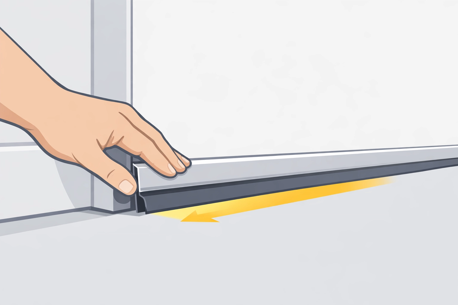 Hand installing a door sweep at the base of a door to block drafts and improve home energy efficiency.