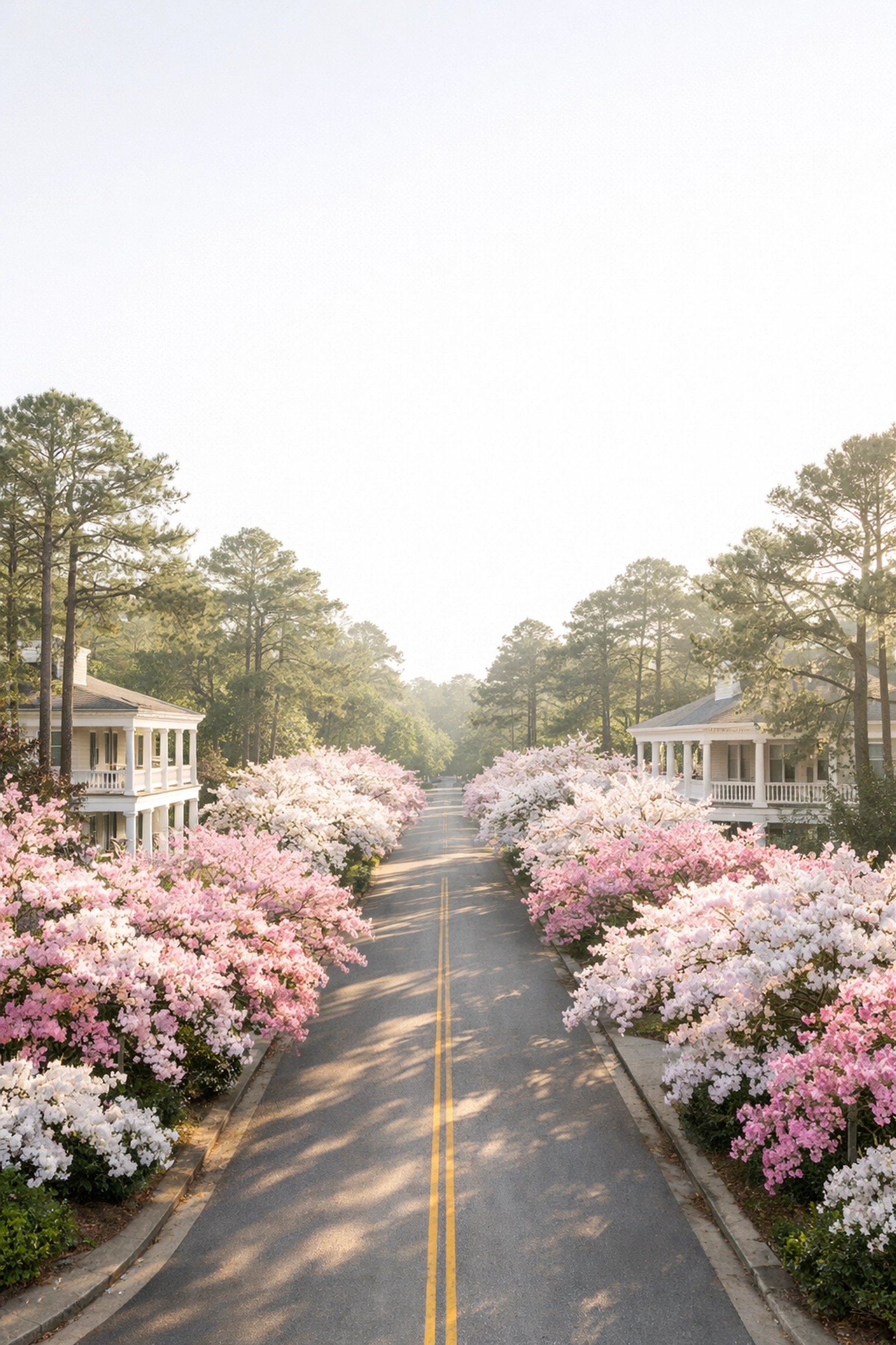 Azalea-lined street in Summerville SC showing Southern homes and spring blooms in Flowertown