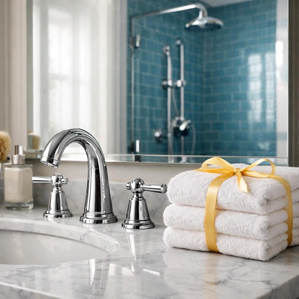 Pristine luxury bathroom in a Boston brownstone featuring a streak-free mirror and clean vanity for a move-out.
