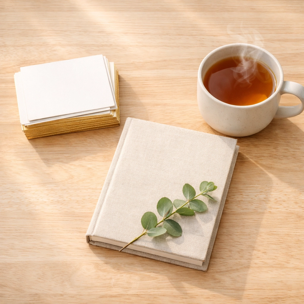 Minimalist workspace with FaithCards and a journal, showcasing beautiful design for daily Scripture truth