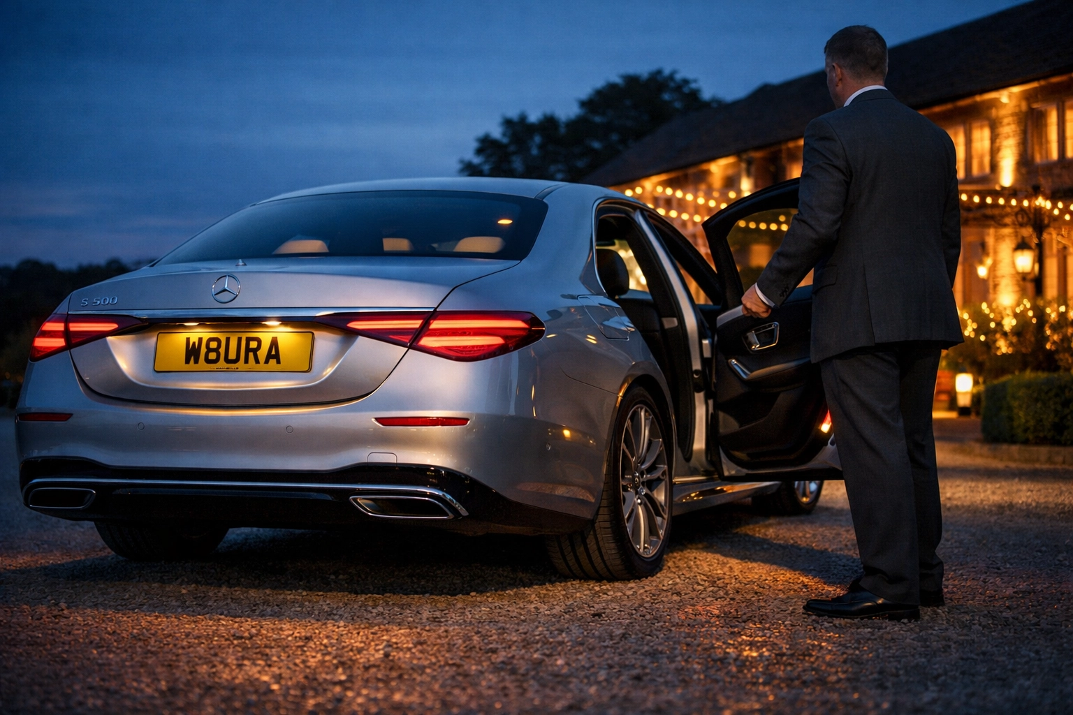 Aura Journeys chauffeur with a silver Mercedes-Benz S-Class for premium wedding car hire Lincoln at night.