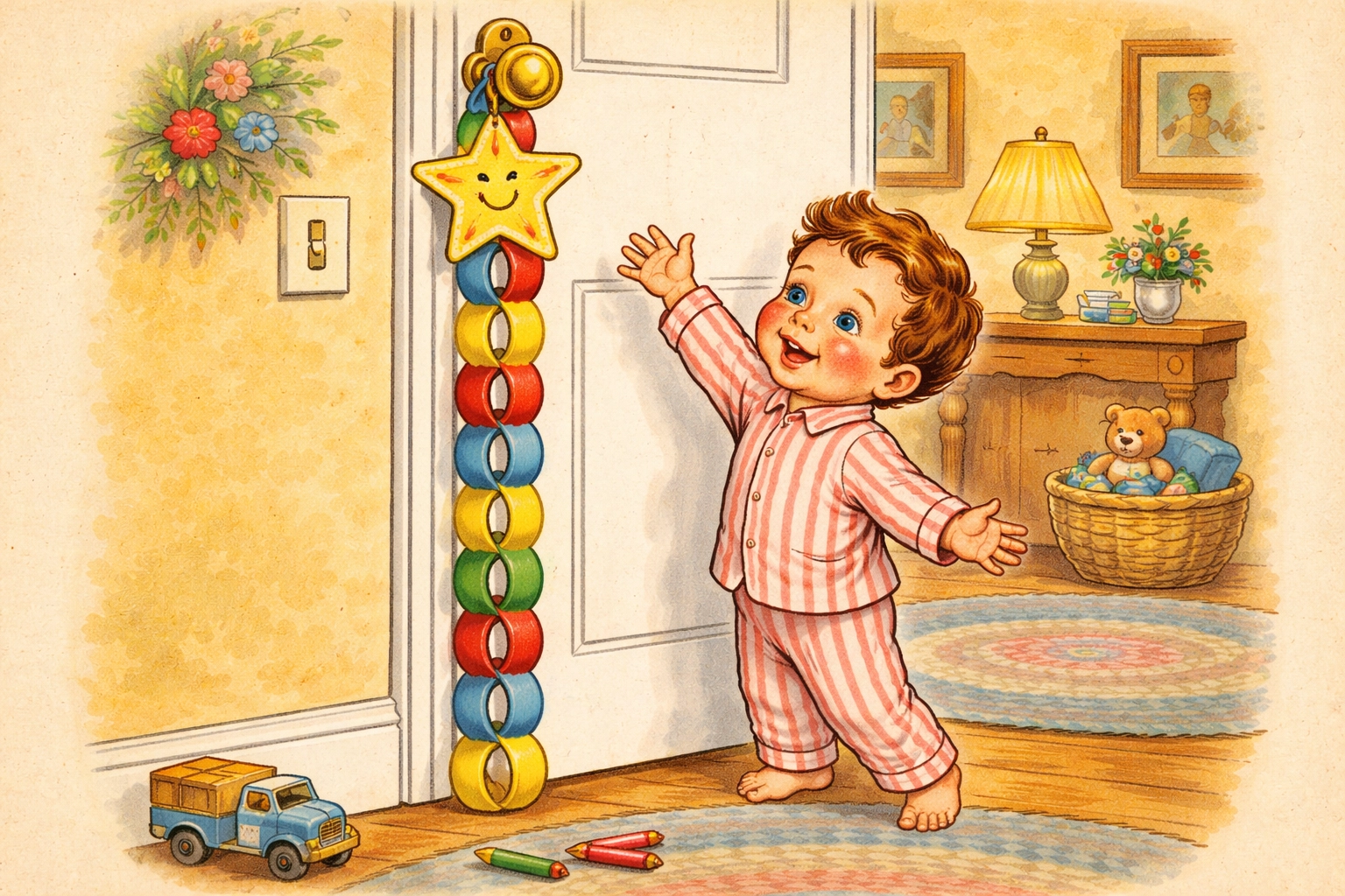 Cheerful child reaching for a completed paper chain countdown hanging from a doorknob in a cozy home