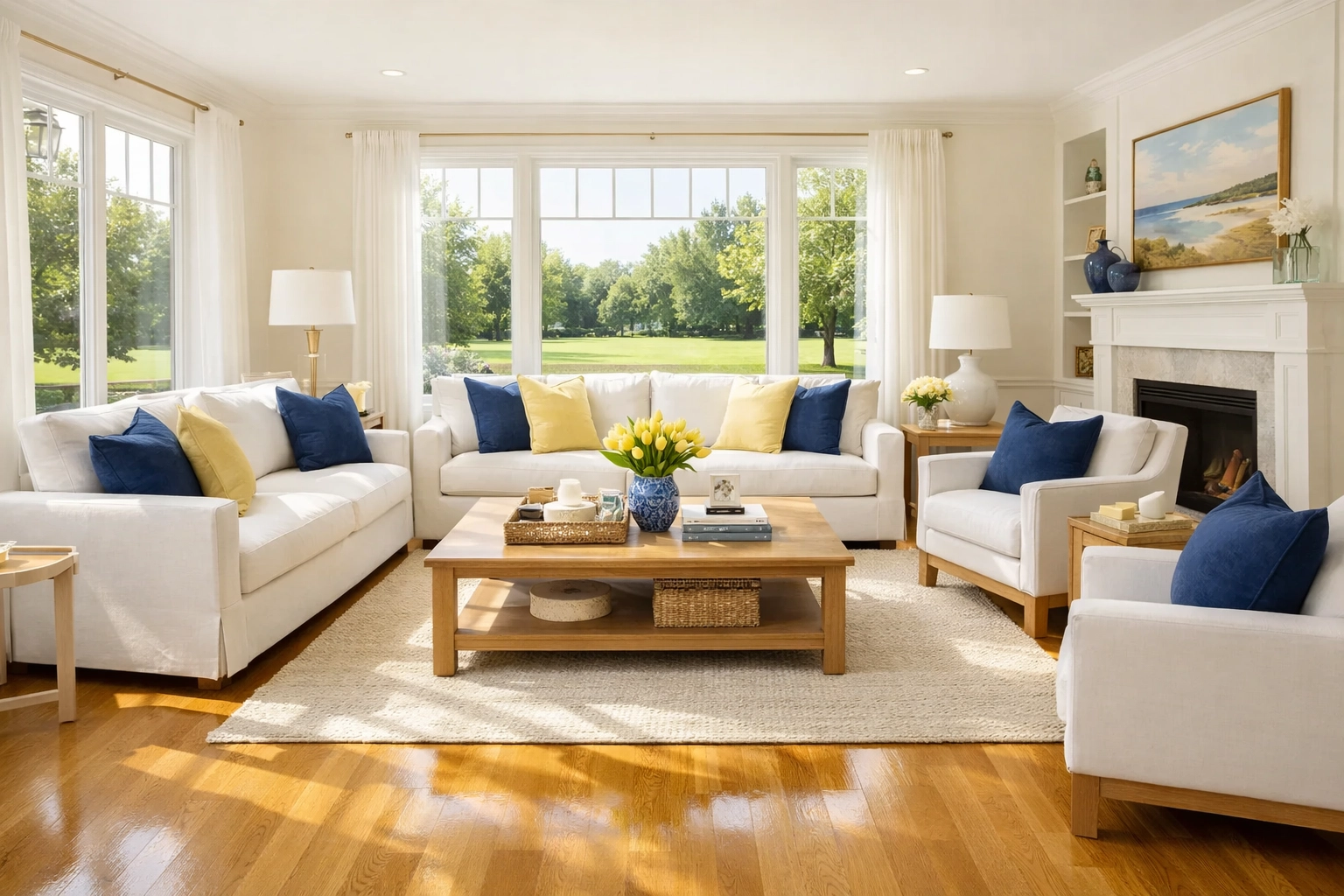 Sunlit Easton living room with spotless hardwood floors and white sofas cleaned by professionals.