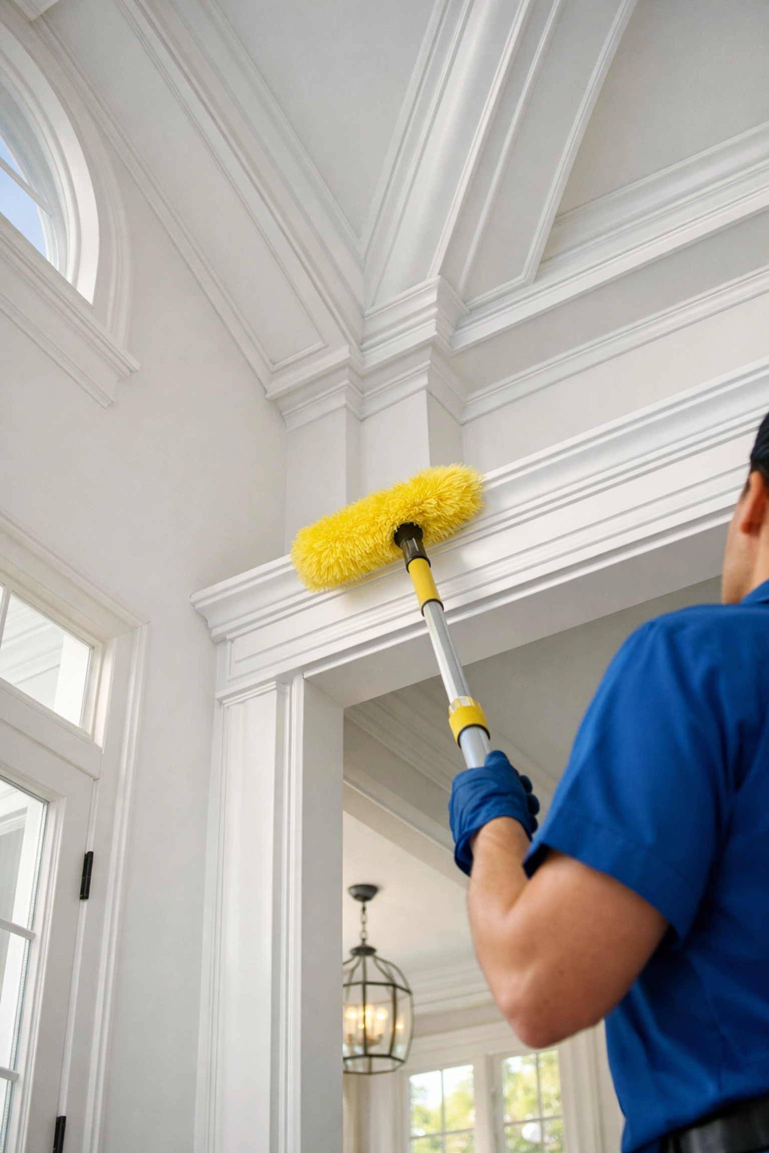 Expert post construction cleaning service dusting high ceilings and trim in a Hudson home.
