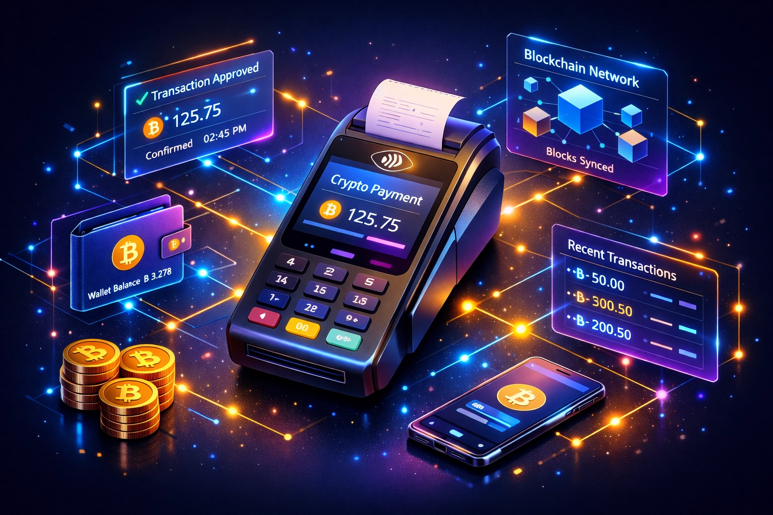 Crypto payment terminal with blockchain network and digital wallet connections for LUSD merchant payments