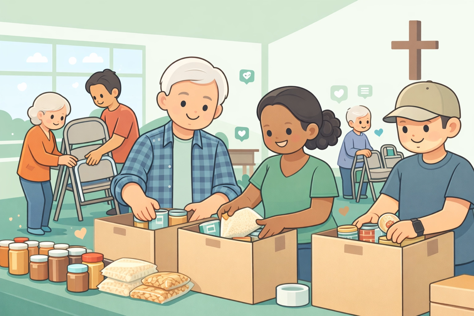 Church volunteers serving together, working side-by-side with smiles