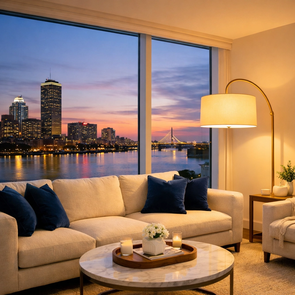 Immaculate living room with Boston skyline view after a professional move-in cleaning service in Boston.