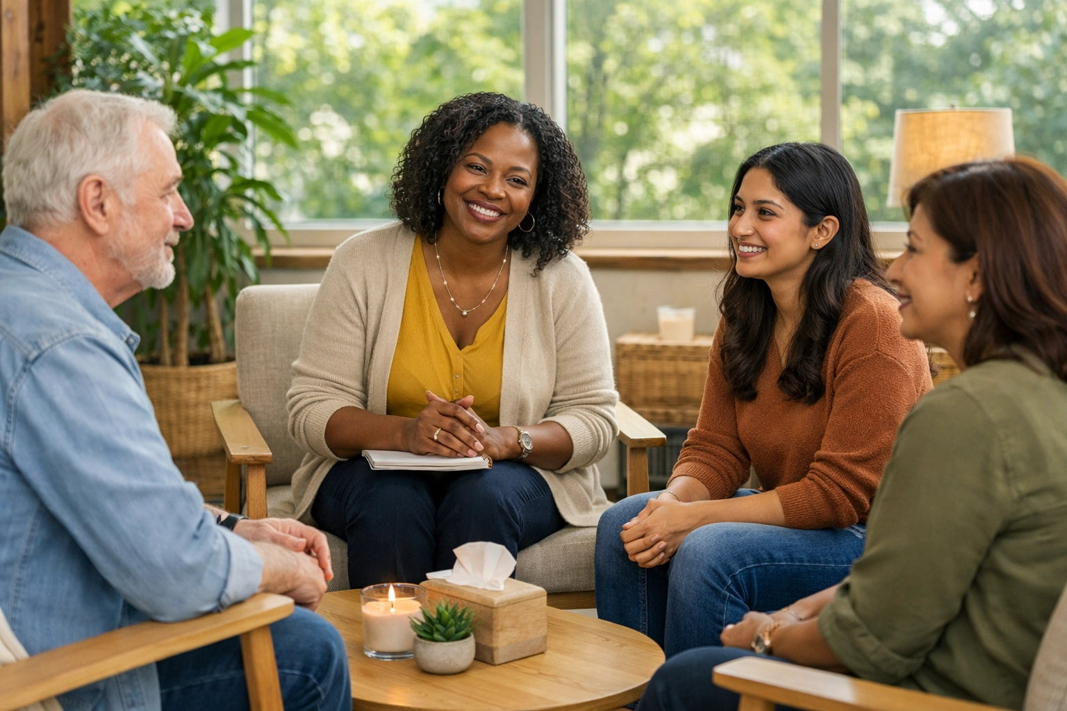 Therapist leading diverse group counseling session focused on collaborative whole-person care