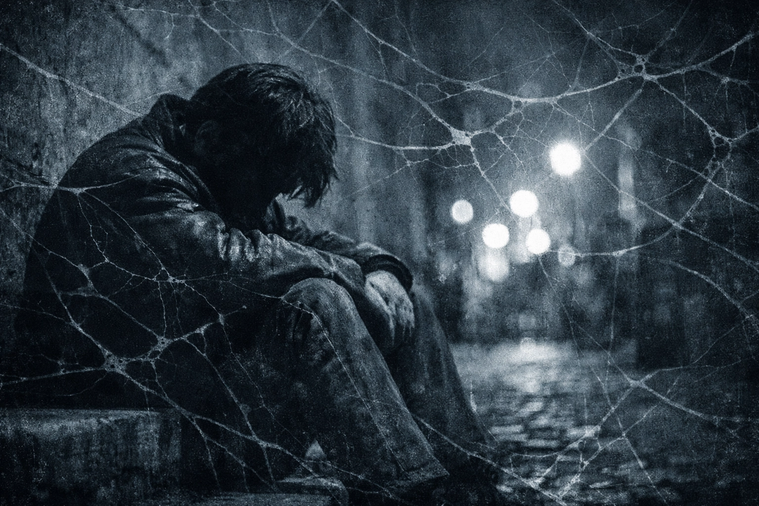 Einsamer junger Mann in einer dunklen West-Berliner Gasse der 70er Jahre als Symbol der Stricherszene.