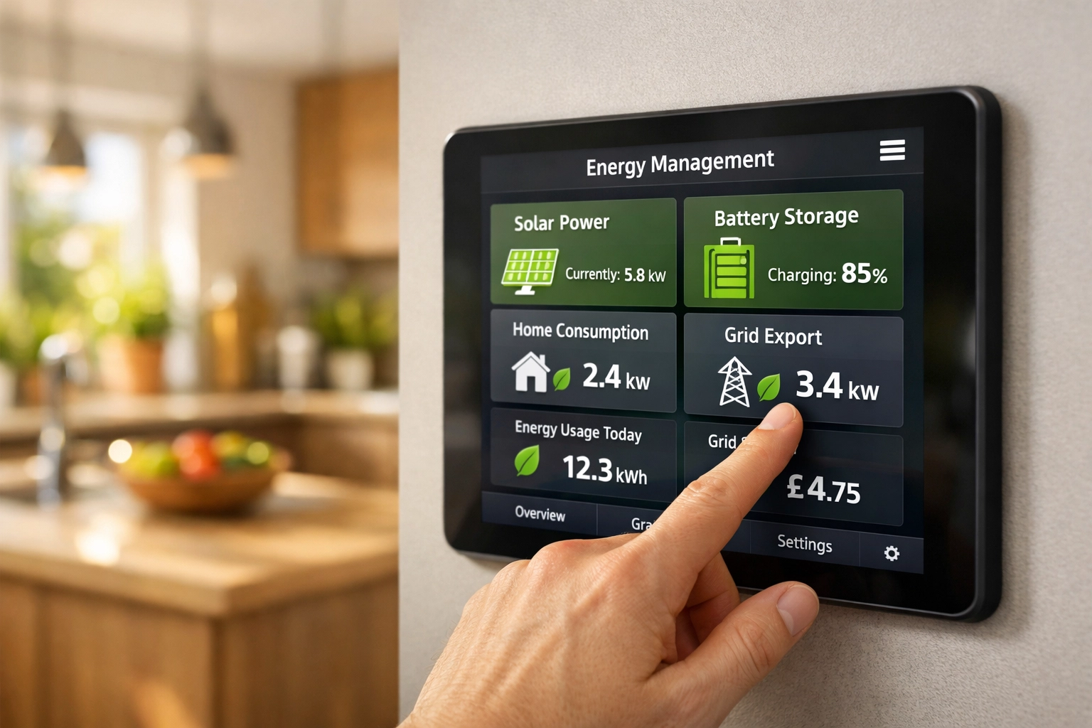 Homeowner monitoring solar battery storage levels on a smart energy management dashboard in a modern kitchen.