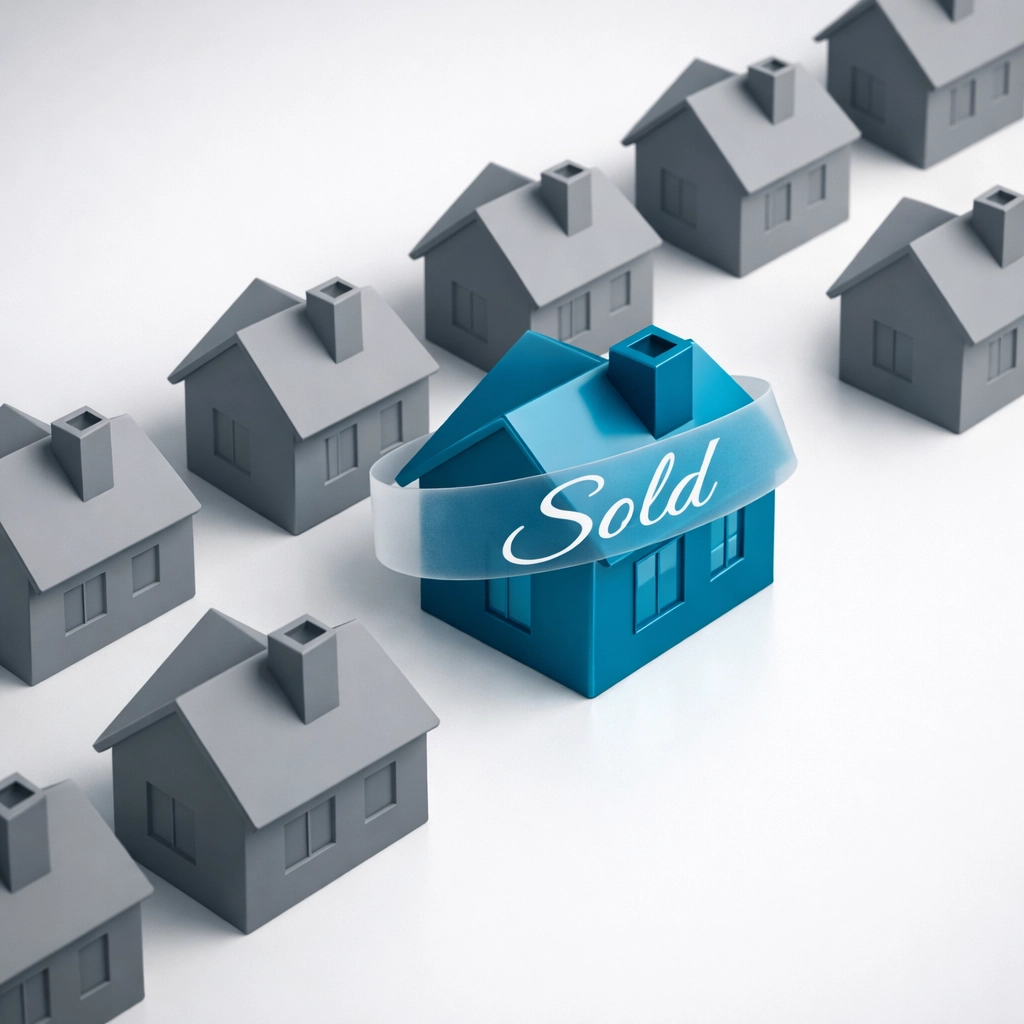 A blue model house with a sold ribbon, representing quick bridging loan turnarounds for investors.