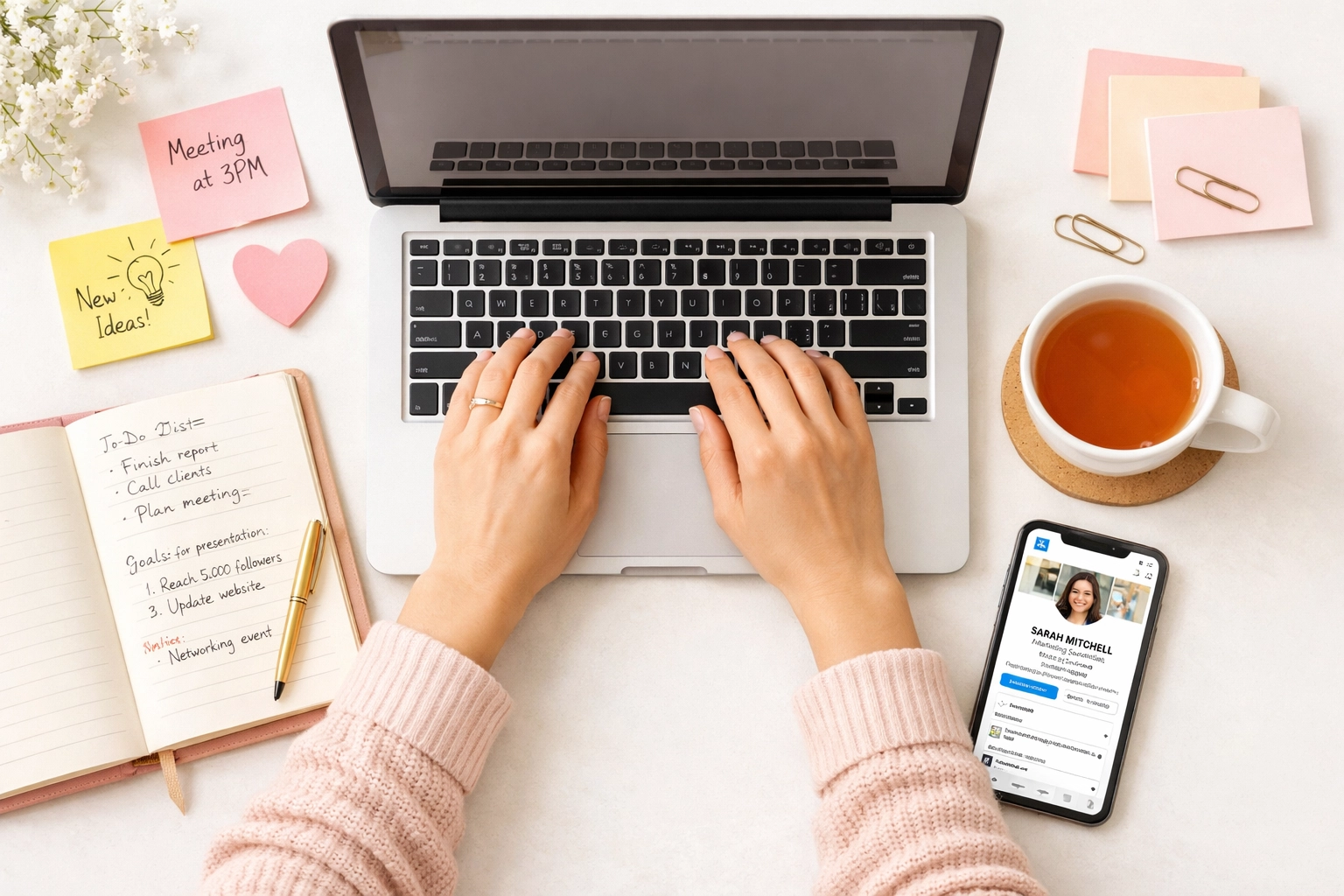 Workspace with laptop and phone showing LinkedIn profile personalization for cold DM strategy